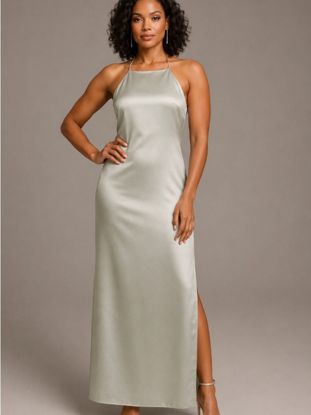 Club Monaco Satin Strapless Halter Maxi Dress in Sage Green